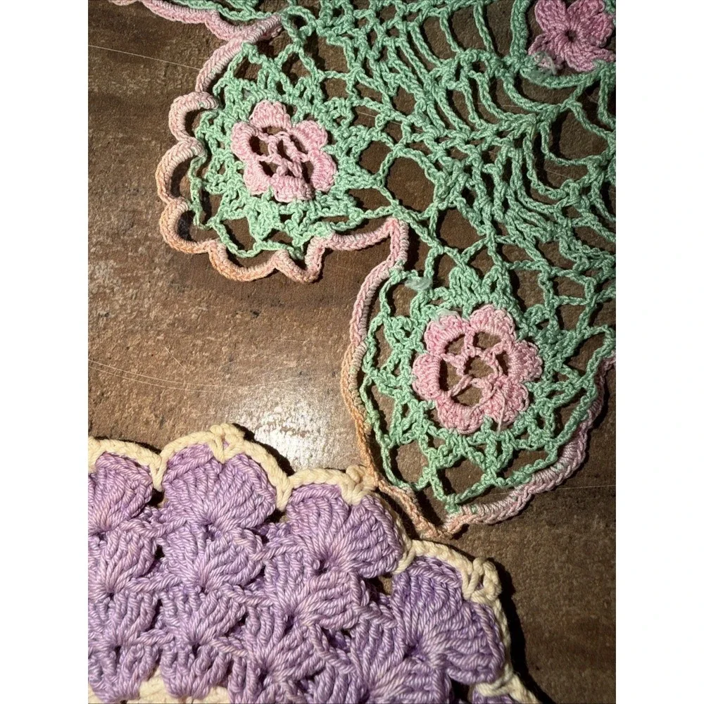 Vintage Handmade Crochet Doilies Lot Set of 3 Pink Green Purple Boho Table Decor